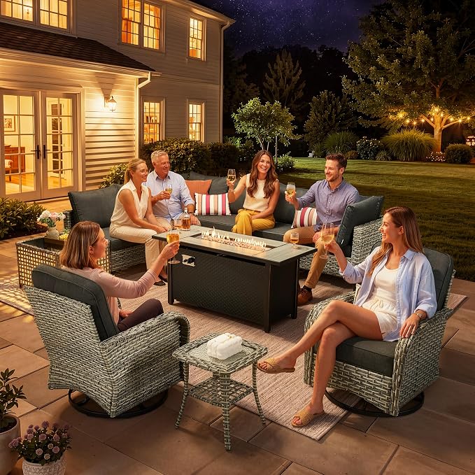CAODOC 11-Piece Outdoor Sectional Sofa Set w/ 54" Fire Pit – L-Shaped Wicker Patio Furniture, Deep Seating & Swivel Rockers,Black