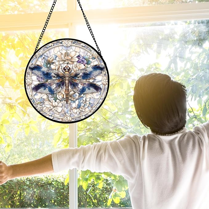 DASTOLL Stained Glass Window Hanging, Dragonfly Flower Suncatcher for Doors Home Sun Catchers Decoration and Christmas, Mother's Day Birthday Gifts for Women, Men, and Mom 9.8 in