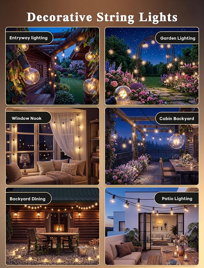 Abeja 25Ft Outdoor Patio String Lights, G40 Outdoor Globe String Lights with 27 Clear Bulbs, Hanging Light for Porch Backyard Deck Bars Wedding Indoor Decor, E12 Base, 5W Black Wire