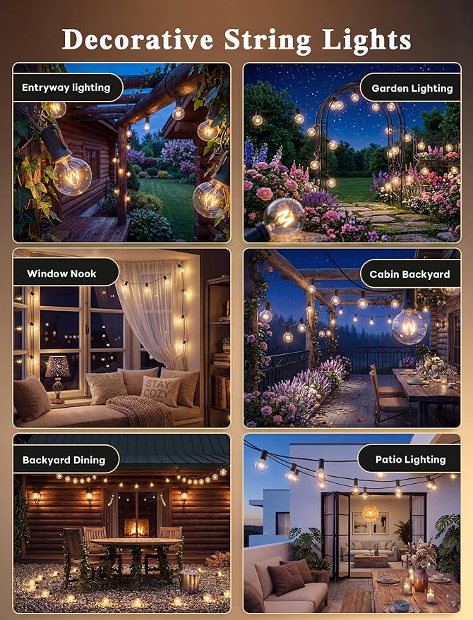 Abeja Outdoor String Light 100 Ft G40 Patio Lights with 105 Edison Glass Bulbs E12 Socket Base (5 Spare) Globe Clear Hanging Lights for Backyard Balcony Deck Party Decor, Not Connectable, Black
