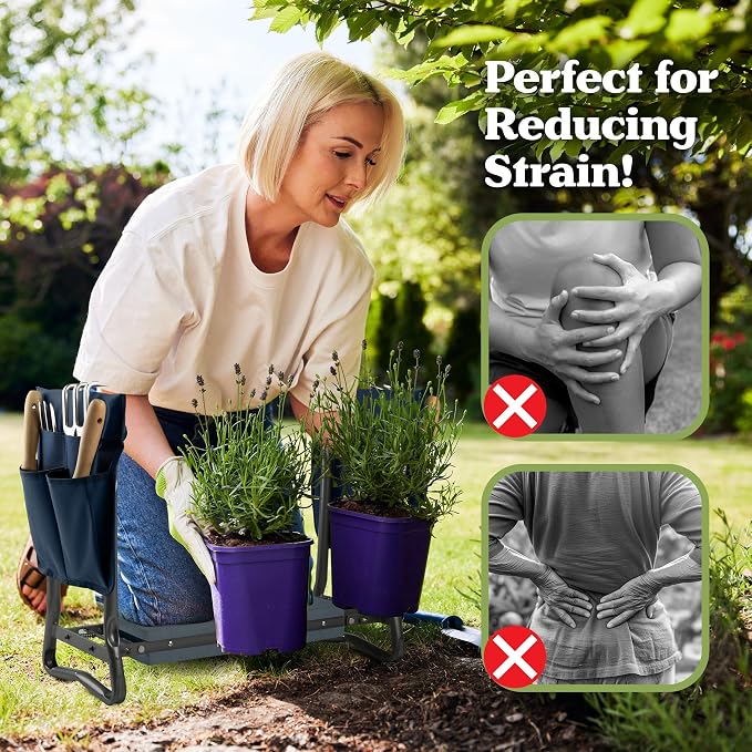 Pure Garden Garden Kneeler and Seat - Kneeling Pad Garden Stool with Tool Pouches - Gardening Gifts for Mom, Dad, Seniors, or Grandparents (Blue)