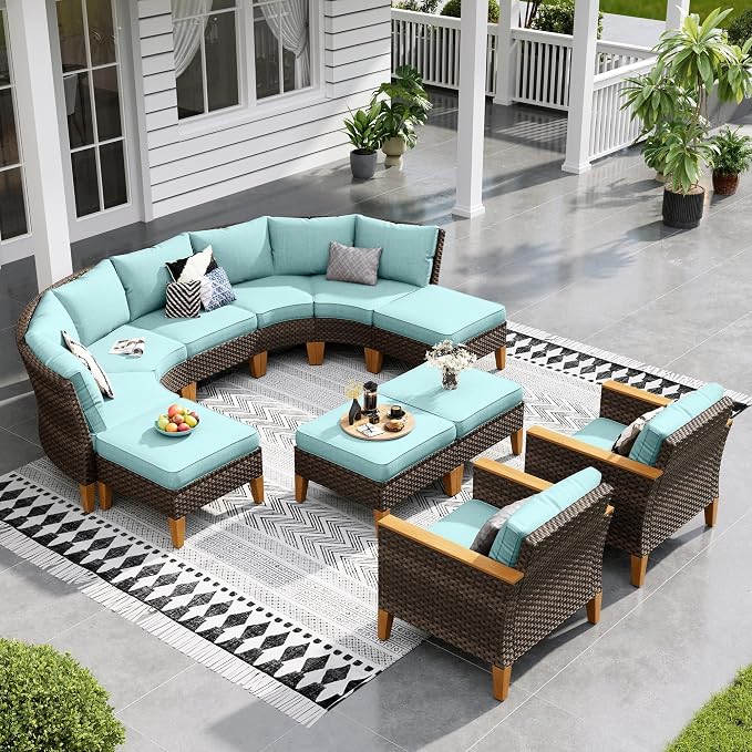 Sophia & William Outdoor Wicker Sectional Sofa Set, 10 Piece Half Moon Curved Patio Furniture Modern Round Outdoor Couch Conversation Set with Ottoman, Backyard, Deck, Garden Furniture(Aqua Blue)