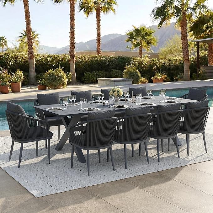 11-Piece Patio Dining Table Sets, Woven Wicker Dining Set with Rectangular Aluminum Table and Dining Chairs Modern Outdoor Dining Furniture Set for Outdoors and Indoors