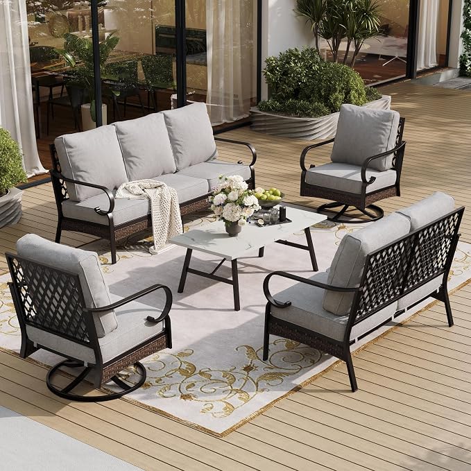 SUNSHINE VALLEY 5 Piece Metal Outdoor Patio Furniture Set, Patio Conversation Sets 1 3-Seater Sofa, 2-Seater Sofa, 2 Swivel Sofa with 5.75" Cushion & Coffee Table Black Backyard Furniture, Light Gray