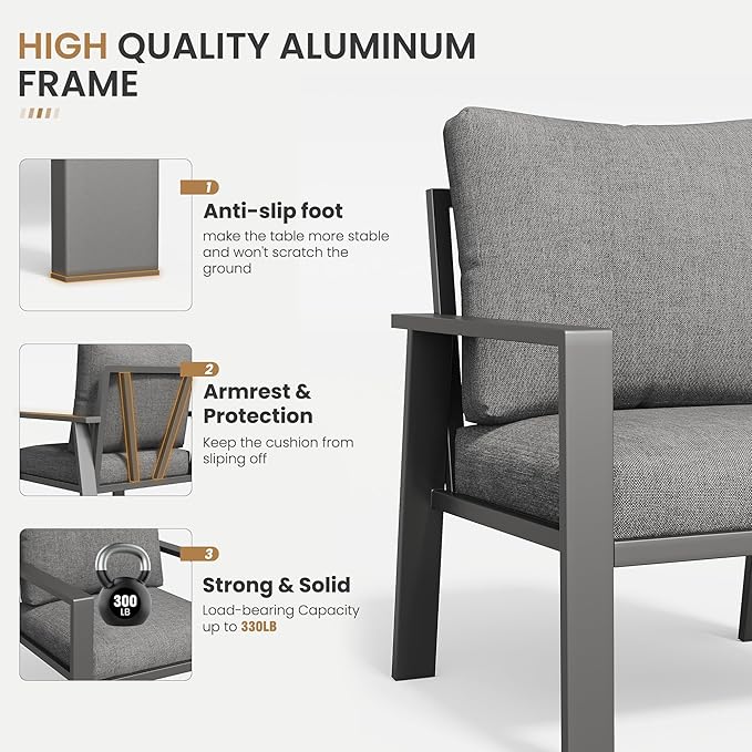 Aluminum Patio Conversation Sets All-Weather Sectional Outdoor Furniture Set with Coffee Table & Cushions with Removable Covers for for Backyard, Garden and Poolside Easy Assembly(Gray)