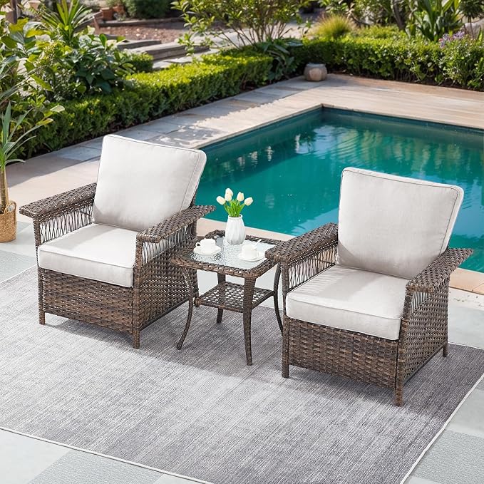 Patio Furniture Set 2 Wicker Patio Chairs with PE Rattan Side Table Set Brown Wicker Beige Cushions Patio Conversation Set 3pcs for Garden Balcony Sunroom Backyard Deck Porch