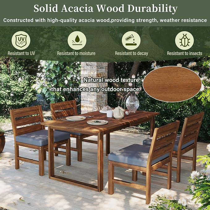 Acacia Wood Outdoor Dining Set for 4, All-Weather Patio Dining Set with Rectangle Dinning Table and 4 Chairs& Cushions for Garden Backyard Lawn (Brown+Gray c)