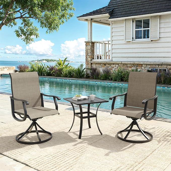 VICLLAX Patio 3 Pieces Outdoor Bistro Side Table Dining Set, Small Patio End Table Square Coffee Table and 2 Swivel Textilene Chairs for Lawn,Garden,Porch,Black/Brown