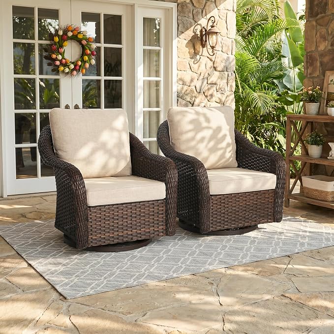 Outdoor Wicker Swivel Chair Set of 2, All-Weather Use Patio Rattan Chair with Seat and Back Cushion, Ideal for Porch, Backyard, Balcony, Poolside, Beige