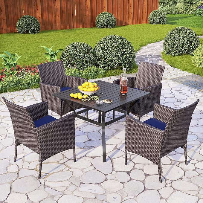 PHI VILLA Wicker Patio Dining Chairs Set of 4 with Removable Cushions | 4 Rattan dining chairs with thick removable seat cushions. Sturdy steel frame, easy assembly.
