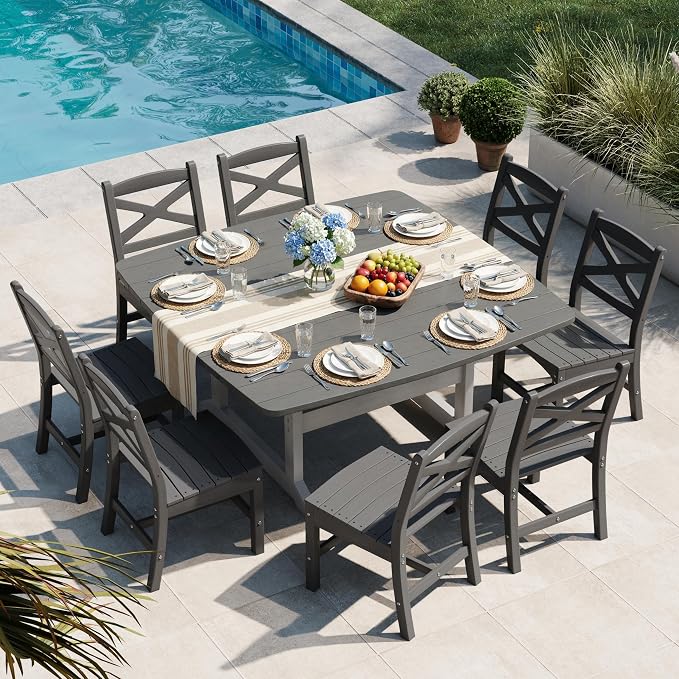 All Weather Patio Dining Table Set for 8, HDPE Heavy Duty Outdoor Rectangular Table & 8 Chairs, 9PCS Outdoor Furniture Set for Patio Garden Lawn, White and Grey