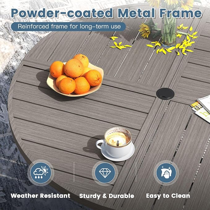DIFY 7 Piece Outdoor Dining Set for 6, 53.1" Grey Wood-Like Round Metal Dining Table with Umbrella Hole and Swivel Patio Chairs with Sandshell Textilene, Patio Table and Chairs Set for Garden Backyard