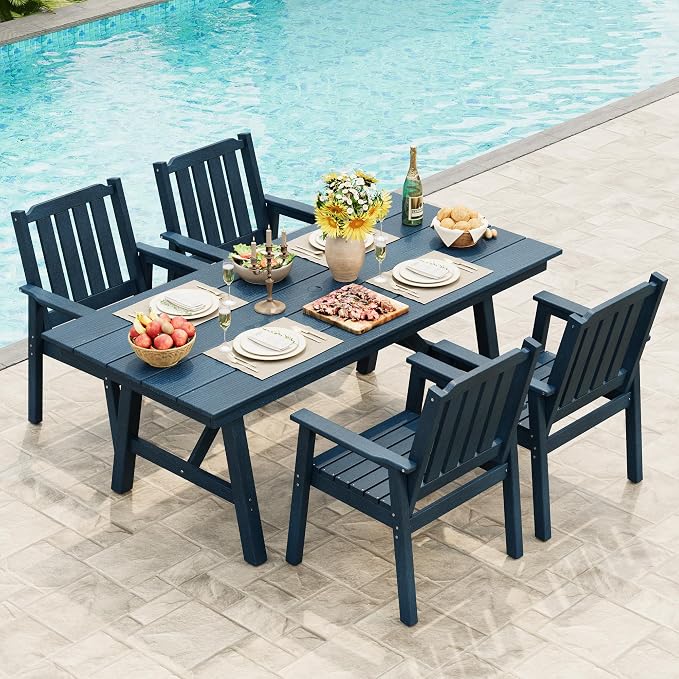 Takywep 23.9” Wide HDPE Patio Dining Chairs Set of 4, 650LBS Capacity All-Weather Yard Armchair with Slatted Seat, Heavy Duty Modern Backyard Furniture for Garden, Poolside, Deck, Blue