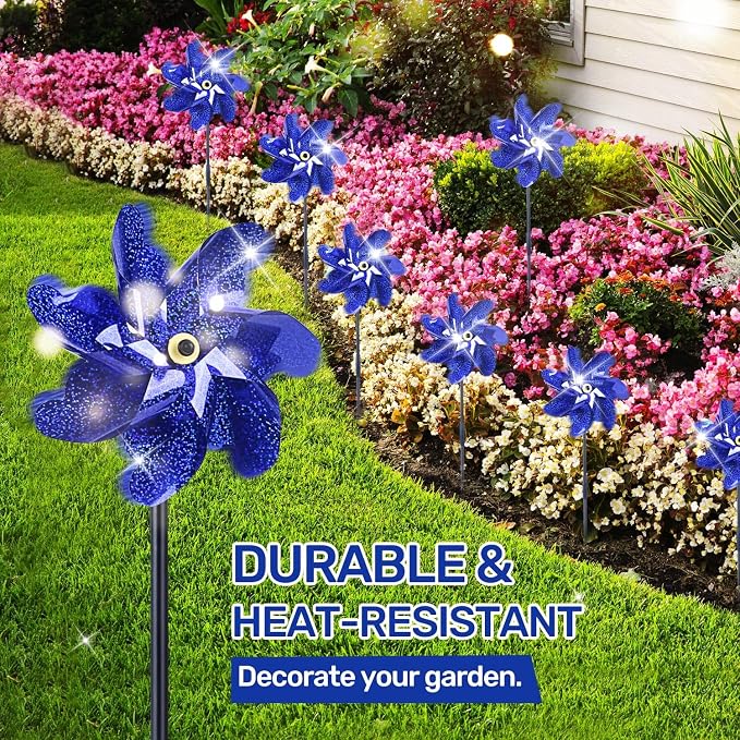 BATTIFE Preassembled Reflective Pinwheels for Yard & Garden, Blue, 10 Pack | Sparkly Reflective Material Spinner, Spins Best in Steady Wind, Animal-Deterrent Results Vary by Placement and Conditions