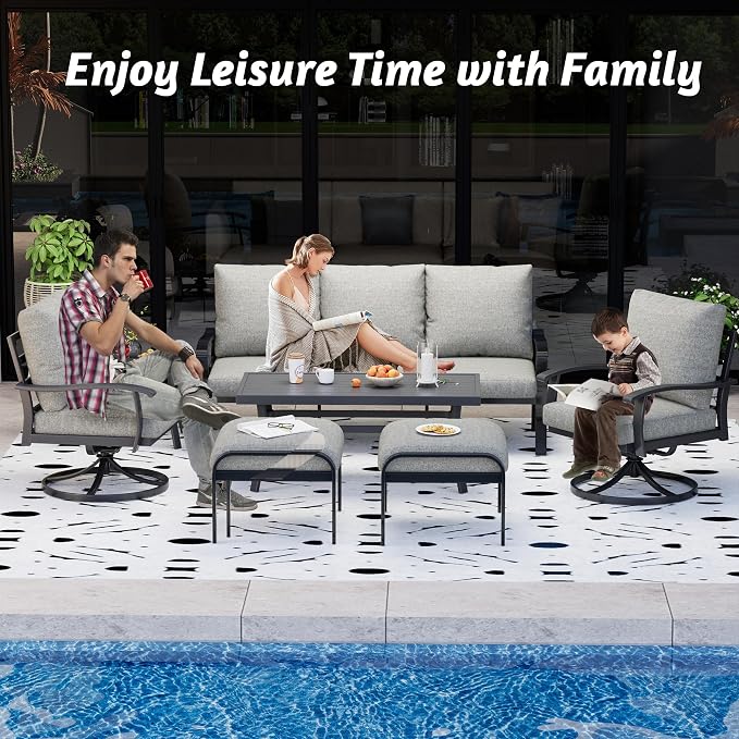 HOMREST Patio Furniture Sets 7 PCS Outdoor Metal Conversation Sets, 360 Degree Swivel Rocking Chairs Patio Conversation Set with Ottomans, Coffee Side Table and 3-Seat Sofa for Garden, Deck, Poolside