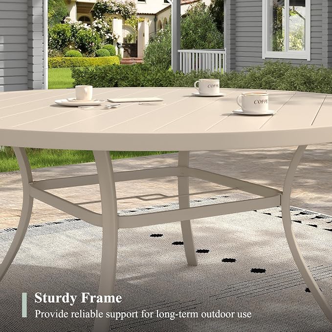 Patio Table and Chairs Set for 8, Outdoor Dining Set with 8 Stackable Dining Chairs and 53" x 53" Metal Slatted Round Dining Table for Porch, Deck, Lawn, Garden, Sandshell