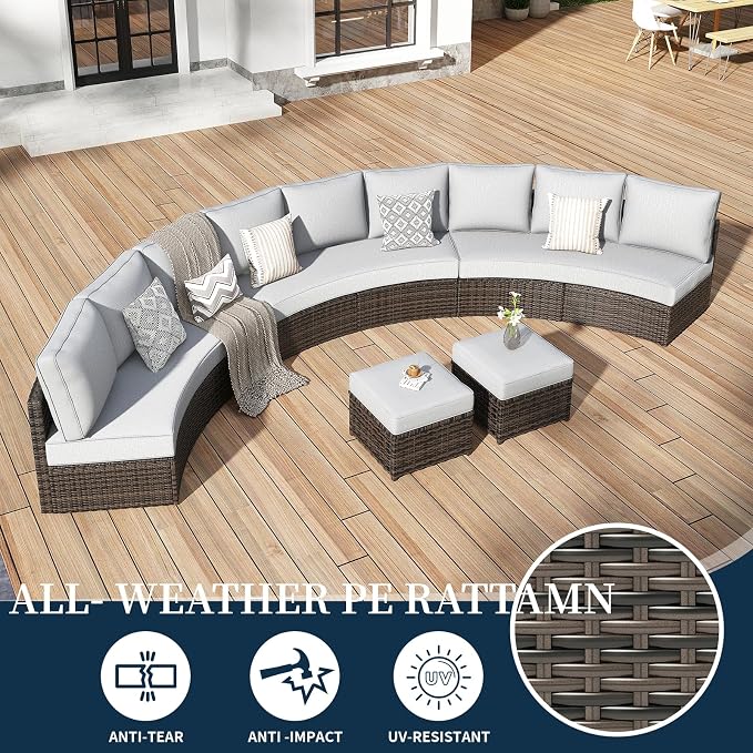 11 Piece Outdoor Patio Furniture Set, Half Moon Patio Sectional Set with Soft Cushions and Ottoman, All Weather Rattan Wicker Curved Outdoor Sofa for Backyard Patio Garden