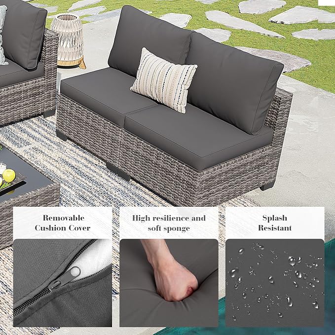 7 Pieces Outdoor Patio Furniture Set, All-Weather Sectional Sofa | Dark Grey Wicker Conversation Set with Glass Table and Cushions | PE Rattan Weaving | Ideal for Patio, Pool, Balcony