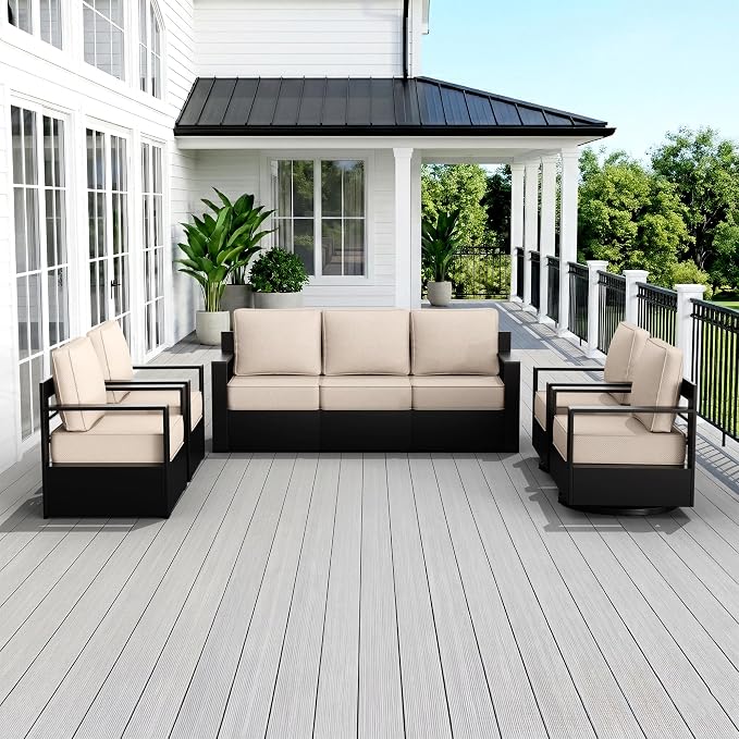 Outdoor Patio Furniture Set, 5-Piece Aluminum Patio Conversation Set All-Weather Metal Outdoor Sectional with 6 Inch Thick Cushions, Deep Setting for Garden, Outside and Porch, Beige
