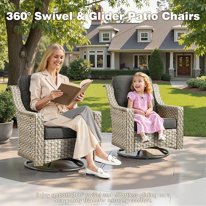 CAODOC 11 Pieces Outdoor Patio Furniture Set, Rattan Wicker Sectional Swivel Rocker Chairs Sets with Fire Pit, Swivel Glider Chairs, and Solar Powered Table