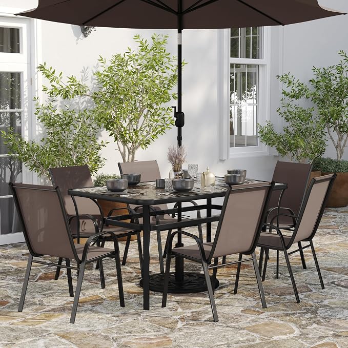 Merrick Lane Bardwell 7-Piece Outdoor Dining Table Set for 6, Glass Top Table with Hole for Umbrella, 6 Breathable Textilene Stackable Patio Chairs, Brown/Black