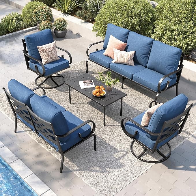 PHI VILLA Patio Furniture Set, 1 Loveseat, 3-Seater Sofa, 2 Swivel Chairs and a Coffee Table, Outdoor Metal Conversation Set with 5.75" Extra Thick Cushion for Garden Backyard Deck, Navy