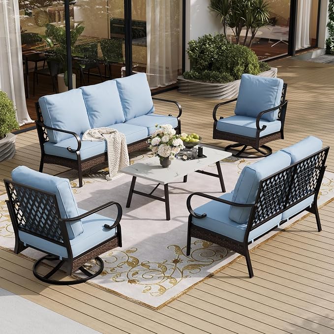 SUNSHINE VALLEY 5 Piece Metal Outdoor Patio Furniture Set, Patio Conversation Sets 1 3-Seater Sofa, 2-Seater Sofa, 2 Swivel Sofa with 5.75" Thick Cushion & Coffee Table Black Backyard Furniture, Blue