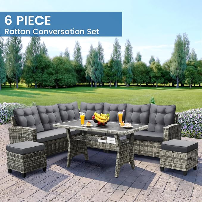 KROFEM 6 Piece Patio Furniture Set, Dining and Conversation Set, Grey | UV Treated Wicker, Machine Washable Cushions, Seats 7, 2 Ottomans, 3 Sofa Section, Dining Table, Rustproof Frame