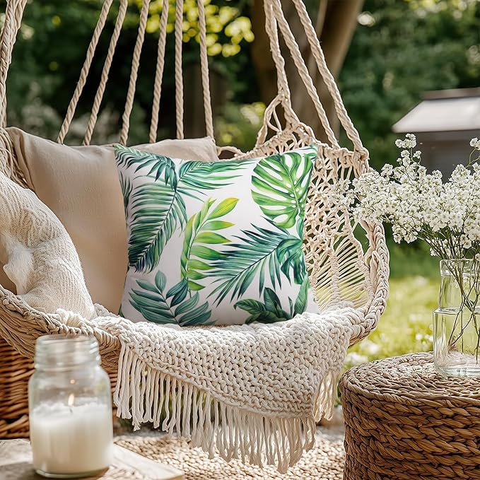 JASEN Pack of 2 Decorative Outdoor Waterproof Throw Pillow Covers, Natural Leaves Pattern Spring for Patio Furniture Garden Balcony Couch 18x18 Inch (Green)