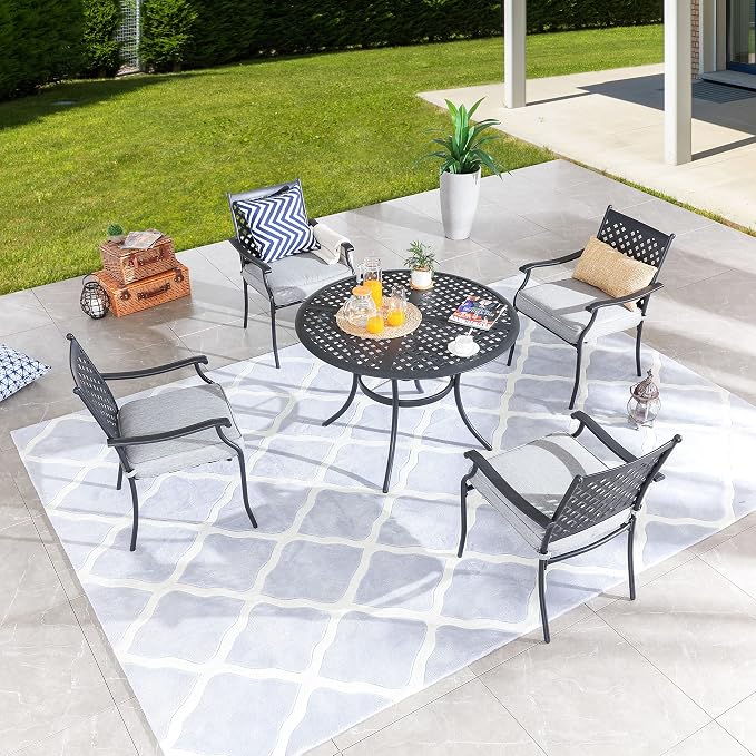 LOKATSE Home 5 PCS Outdoor Patio Dining Set with 4 Armchair with Cushions and 1 Round Table with 2.04" Umbrella Hole for Garden Backyard Poolside