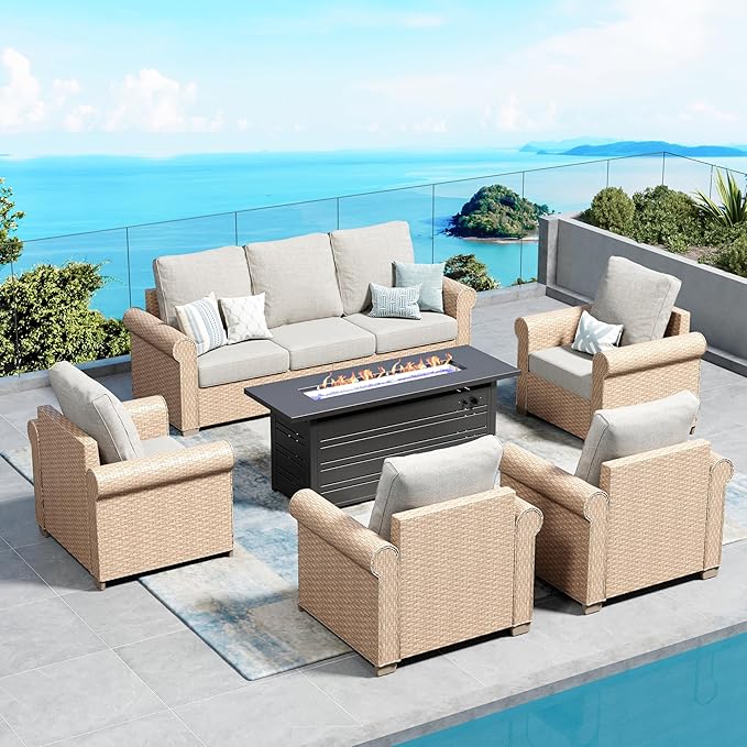 SUNSHINE VALLEY Patio Furniture Set 6 pcs, Wicker Rattan Sofa and Chairs with 5.5" Thick Waterproof Cushions, 56" Fire Pit Table, All Weather Outdoor Conversation Set for Backyard Deck, 7 Seats Beige