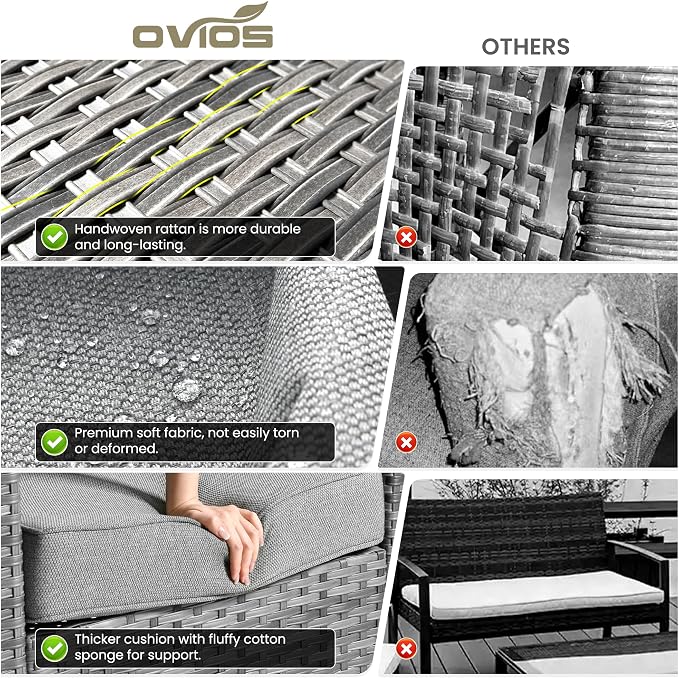 ovios 7 Pieces Patio Furniture Set with Rectangular Fire Pit Table, Swivel Rocking Chairs, Outdoor High Back Wicker Rattan Conversation Set for Deck Porch, Dark Grey