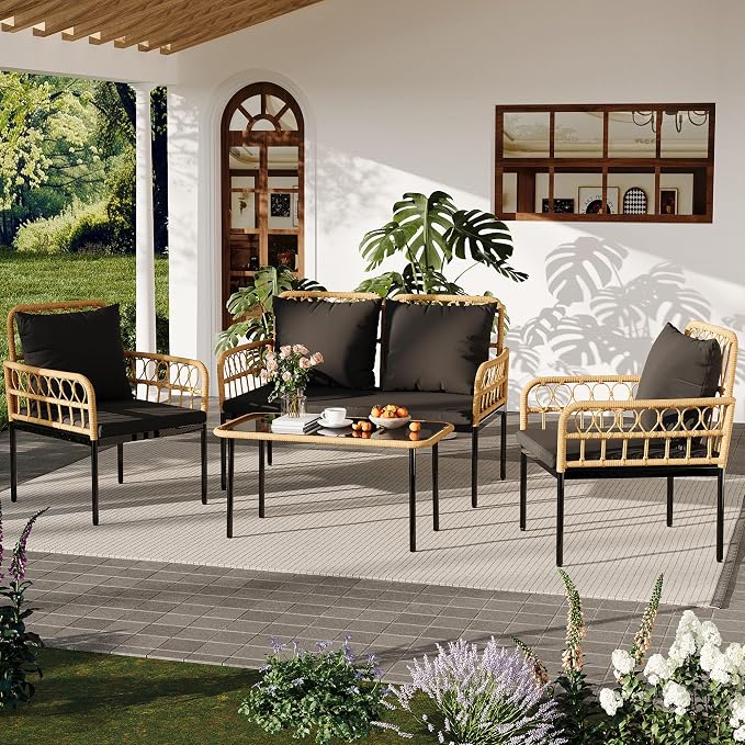 GarveeLife 4 Pieces Patio Furniture Sets Wicker Outdoor Patio Table and Chairs Set with Glass Side Table, Loveseat Chairs, Boho Rattan 4 Seater Conversation Sets for Backyard, Porch, Bistro, Black