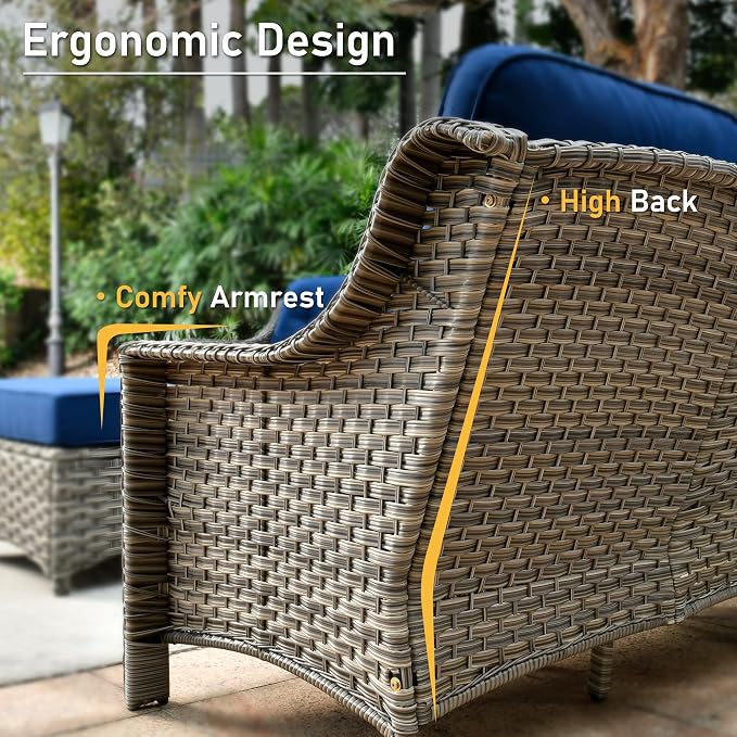 HOOOWOOO 6 Piece Patio Furniture Conversation Sets with Swivel Rocking Chairs,Outdoor Wicker Furniture with Ottoman,All Weather Resistant High Back Rattan Conversational Set(Navy Blue)