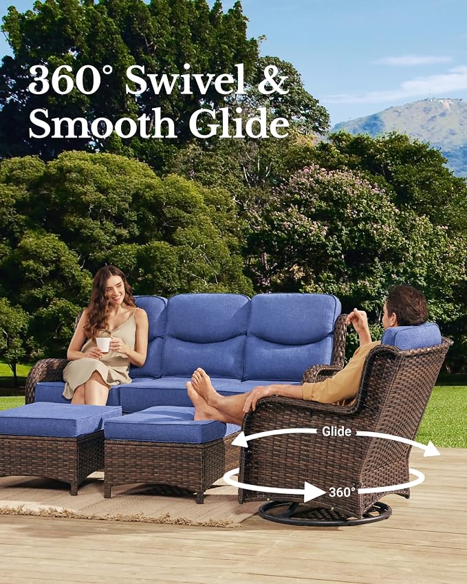 HILLGA Luxury High Back Patio Furniture Set with 6-Inch Thick Cushion, 6-Piece Outdoor Conversation Set with Sofa, Swivel Rocker Chairs & Ottomans, Ideal for Porch Pool Deck Yard (Blue)