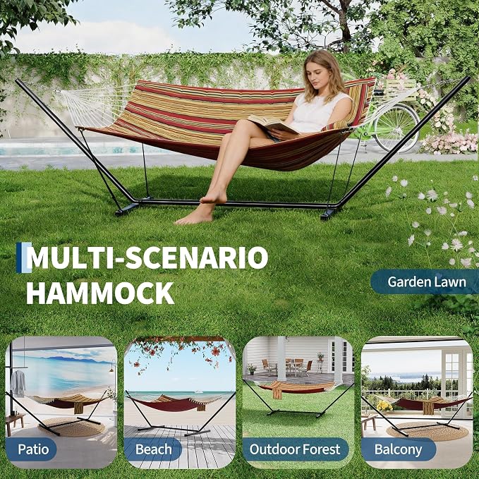  2 Person Hammock with Stand for Outside, Double Hammock with Stand and Pillow, Max 450 Lbs Capacity with Balance Rope, Large Hammock for Outdoor Patio Backyard Poolside
