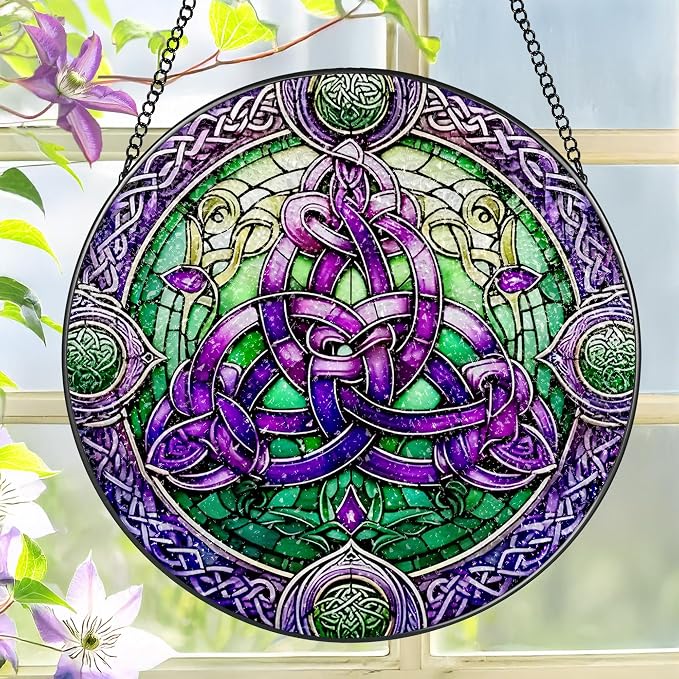 Stained Glass Window Hanging, LAOWEIKI 8'' Celtic Knot Suncatcher, Stained Glass Ornament, Suncatchers for Windows Hanging, Window Decor, Outdoor or Indoor, Gifts for Friends, Women, Art Lover