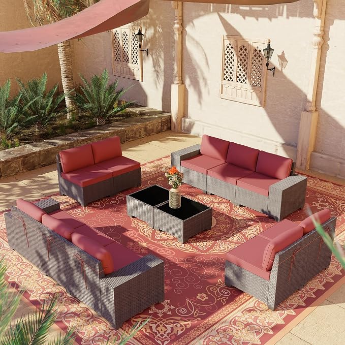 12 PCS Outdoor Patio Furniture Set,Outdoor Sectional Furniture All Weather PE Rattan Wicker Patio Conversation Set with 2 Coffee Tables and 10 Thickened Cushions,Red
