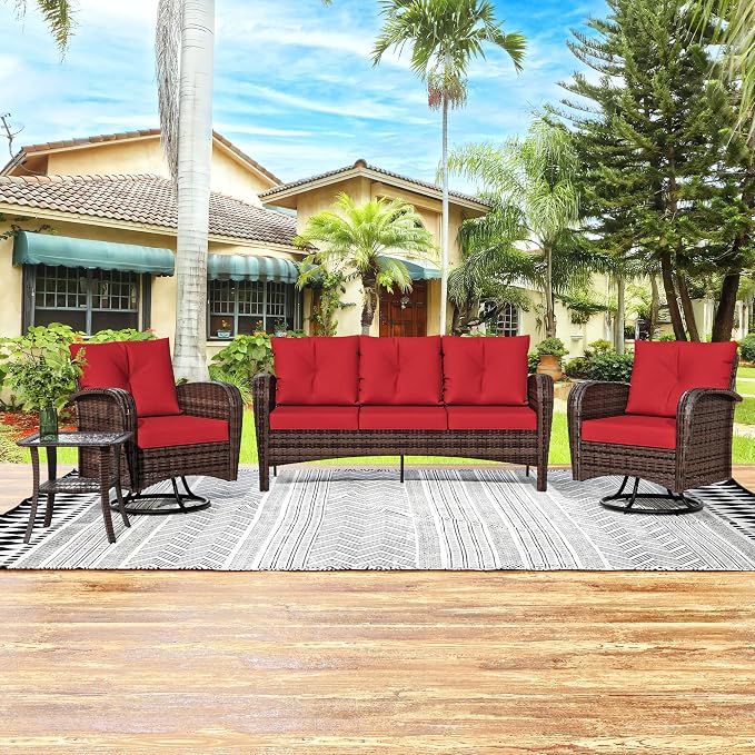 4 Pieces Patio Set, 73" Rattan Loveseat Sofa, Coffee Table, Wicker Swivel Glider Chairs, Cushion with Water Resistant Cover, Outdoor Conversation Furniture, Couch for Sunroom (Navy Blue)
