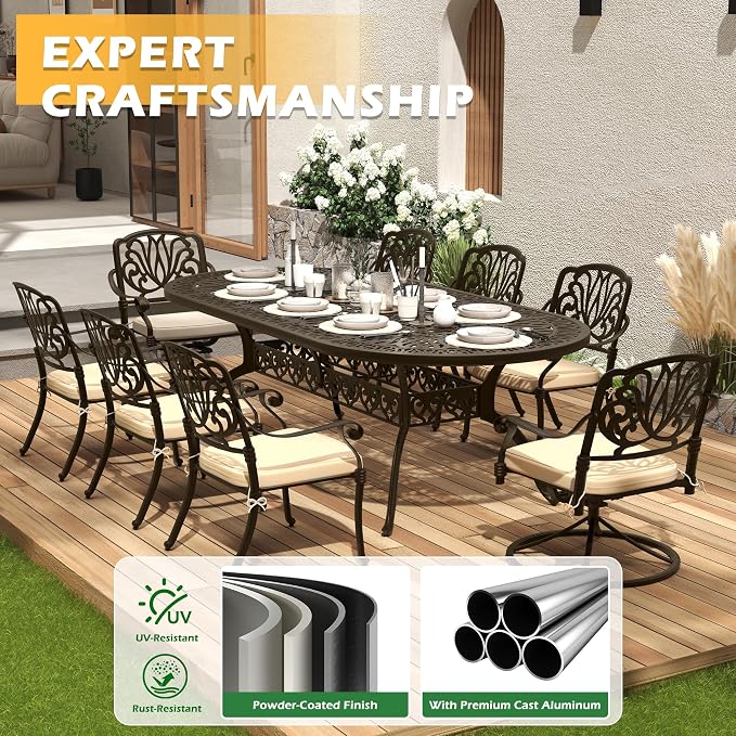 9-Piece Outdoor Dining Set, Retro Bronze Cast Aluminum Patio Furniture Include 86.6" Oval Table and 8 Fixed Chairs with Cushion and Umbrella Hole for Patio Deck Garden
