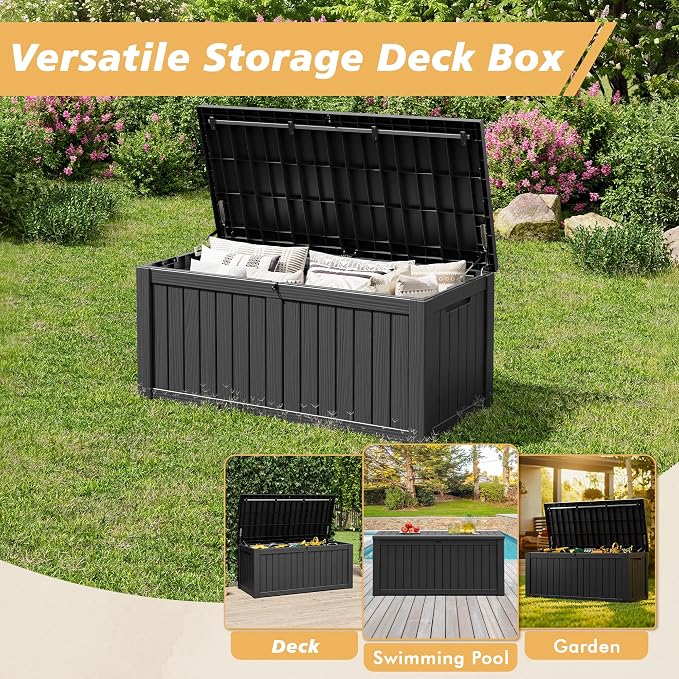 Fancyango 180 Gallon Outdoor Deck Box Waterproof, Large Storage Box for Patio, Resin Storage Bench Lockable for Garden Tools, Package Delivery, Black