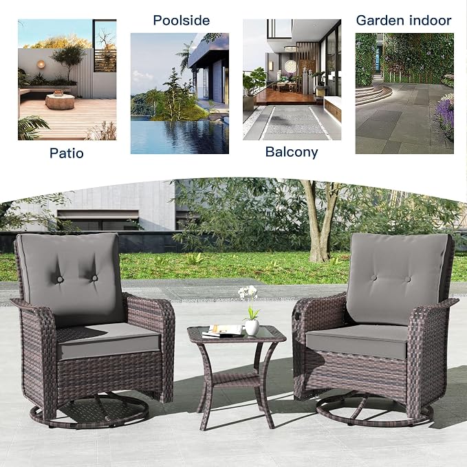 Kullavik Outdoor Swivel Chairs Set of 2,Patio Wicker Rocker Chairs with 4" Thick Cushions and Side Table,Patio Conversation Furniture Set for Patio Porch Deck Backyard,Grey