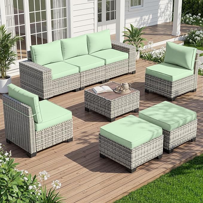 8-Piece Outdoor Patio Furniture Set Wicker Sectional Sofa Set with Ottomans, Patio Conversation Set with Thickened Cushions & Coffee Table for Garden, Backyard, Poolside, Light Green