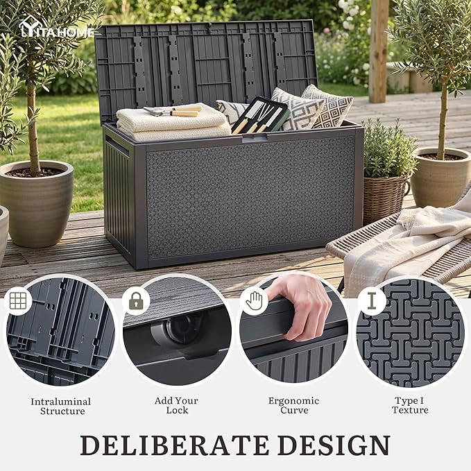 YITAHOME 95 Gallon Outdoor Storage Deck Box, Waterproof Resin Deck Box w/Handles, Lockable Outdside Deck Box for Patio Furniture, Garden Tools, Lockable & UV Resistant(Dark Gray)