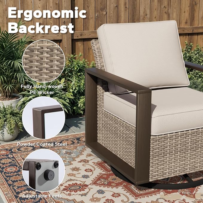 Joyside Outdoor Patio Swivel Rocker Chairs Set, 4 Pieces Wicker Rattan Chairs with Metal Wide Armrest, Thick Cushions and Deep Seating for Garden, Backyard, Porch, Deck
