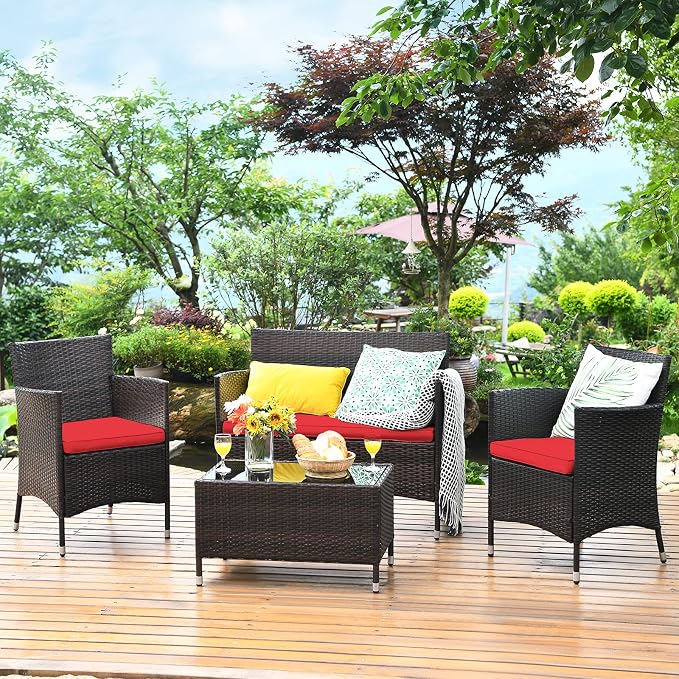 COSTWAY 4PCS Rattan Patio Furniture Set | Outdoor Wicker Rattan Chairs with Coffee Table, Rattan Cushioned Conversation Set for Backyard Balcony Porch Poolside, Red