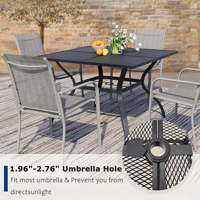 5 Piece Outdoor Dining Set, Patio Table and Chairs Set of 4, 37.5" Black Square Patio Table with 4 Grey Stackable Patio Chairs for Lawn, Garden, Porch