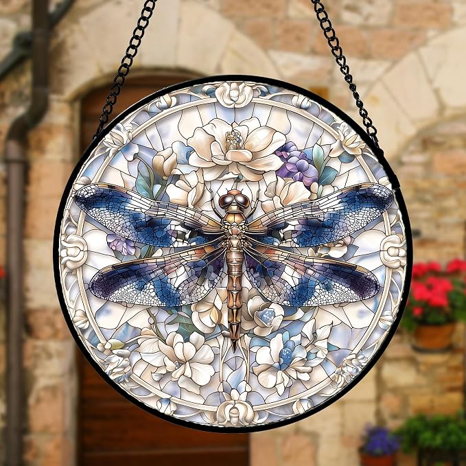 DASTOLL Stained Glass Window Hanging, Dragonfly Flower Suncatcher for Doors Home Sun Catchers Decoration and Christmas, Mother's Day Birthday Gifts for Women, Men, and Mom 6.3 in