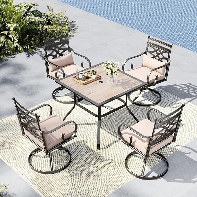 MFSTUDIO Patio Dining Set, 37" Square Wood-Look Table, Swivel Chairs | Umbrella Hole, Seats 4, All-Weather Use