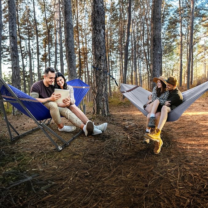 Tranquillo Combo x2 Hammocks with Stand for Outside & Tree Straps, Heavy Duty Hammock with Stand 600lbs for Indoor Outdoor Patio Backyard, x2 Hammocks for 2 Person (Combo - Blue, Medium)